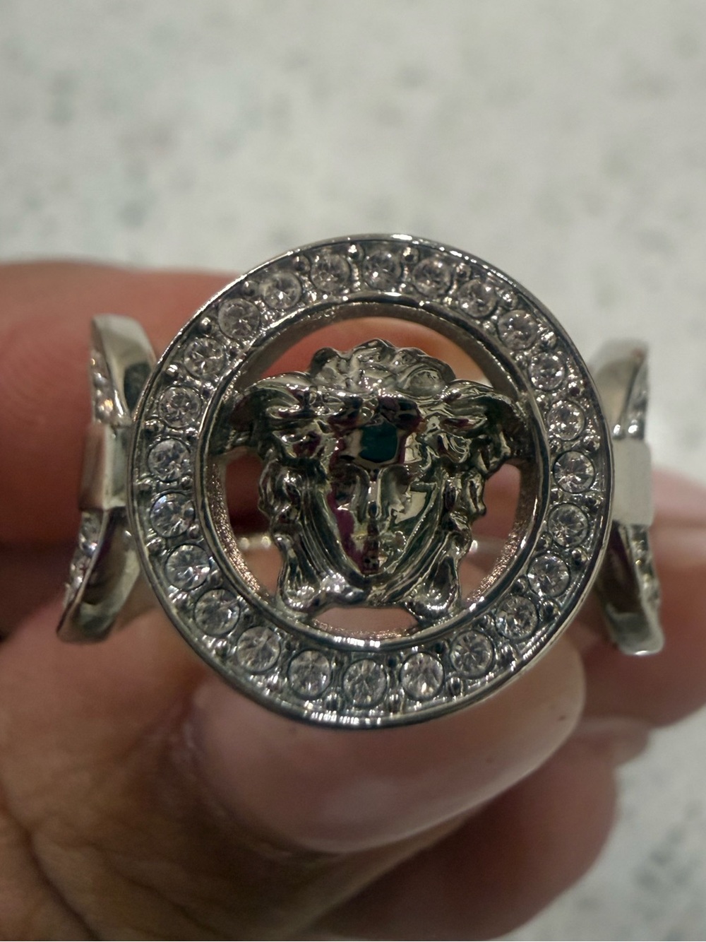 Versace Silver Medusa Ring with Crystal Halo